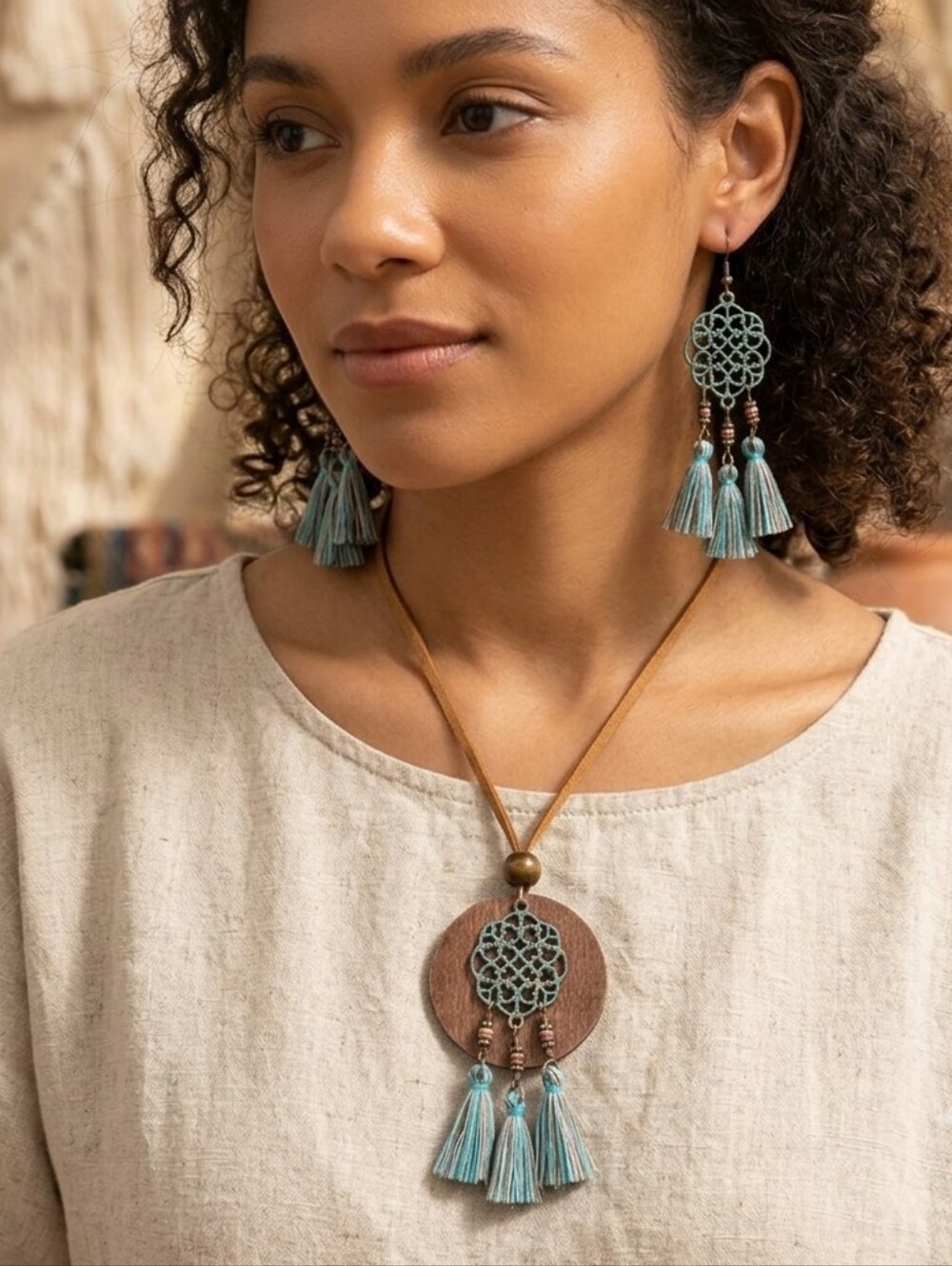 Boho Zinc Alloy Wood Retro Design Tribal Necklace & Earrings Set